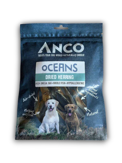 Anco Oceans dried herring dog treats pouch featuring images of two dogs, natural and hypoallergenic air-dried fish snacks