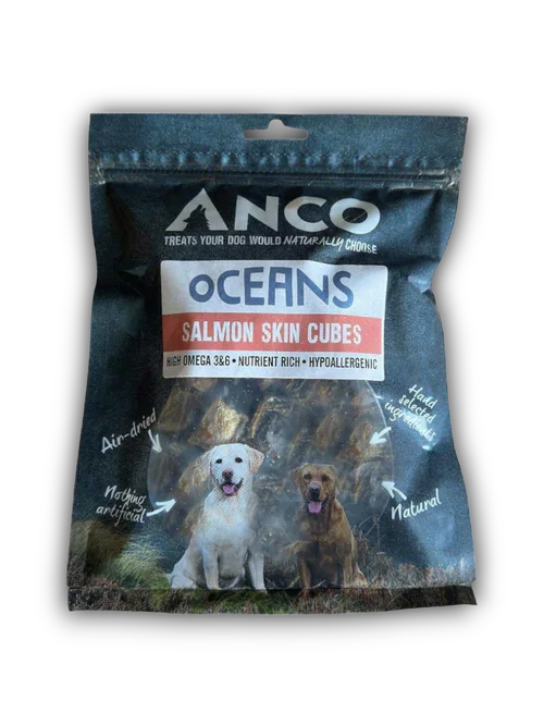 Anco Oceans Salmon Skin Cubes dog treats package featuring air-dried, natural, hypoallergenic salmon snacks
