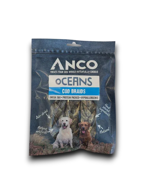 Anco Oceans Cod Braids dog treats package, air-dried, hypoallergenic, natural ingredients, with image of two dogs