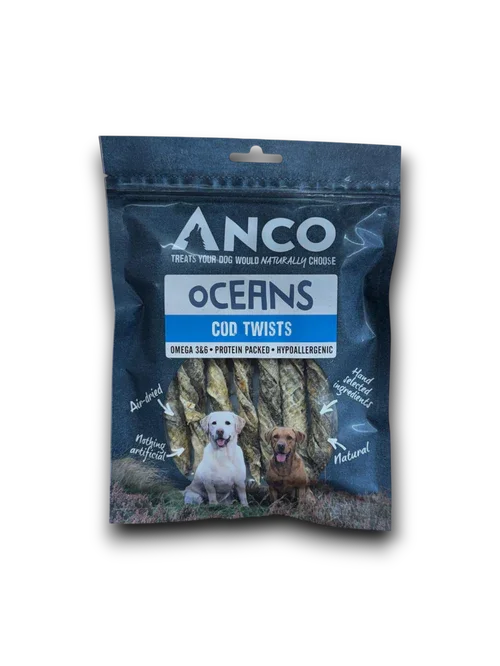 Anco Oceans Cod Twists dog treats pack with image of two dogs, air-dried, natural, hypoallergenic