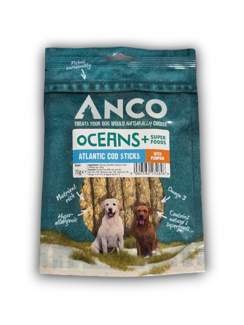 Anco Oceans+ Atlantic Cod Sticks dog treats with pumpkin, showing two dogs on packaging