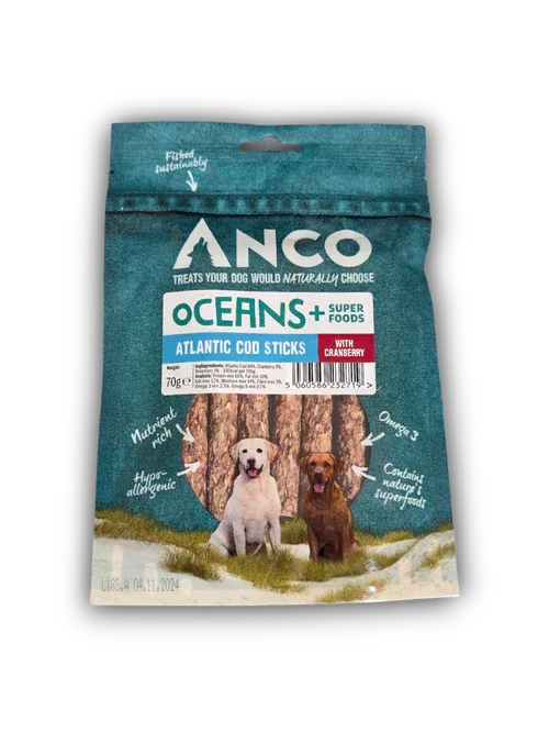 ANCO Oceans+ dog treats Atlantic cod sticks with cranberry, superfoods, two dogs on packaging