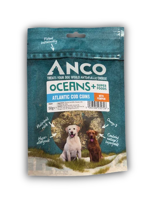 ANCO Oceans+ Super Foods Atlantic Cod Coins dog treats package with two dogs and natural ingredients