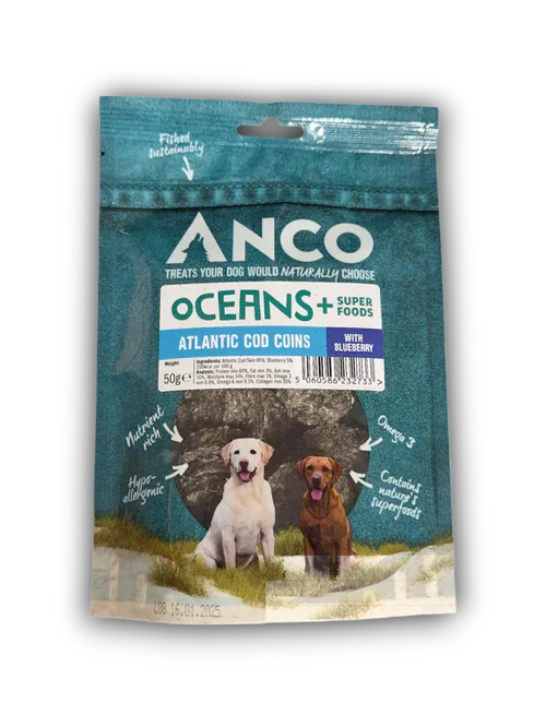 ANCO Oceans+ Atlantic Cod Coins dog treats with blueberry, nutrient-rich, hypoallergenic, omega-3