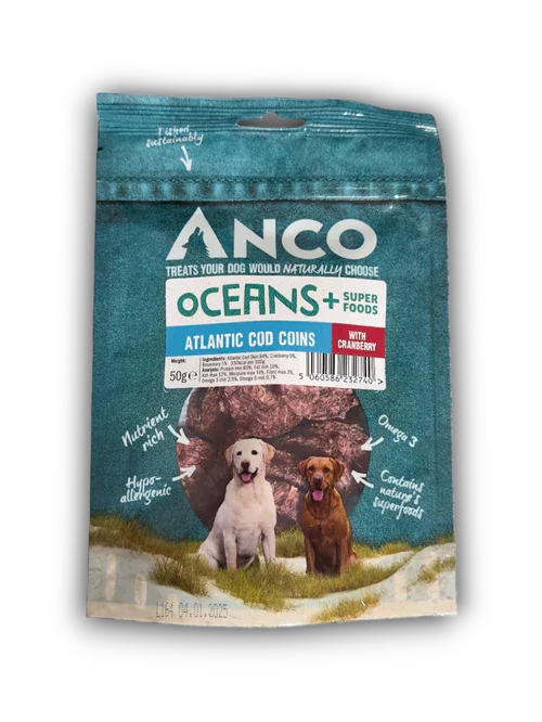 Anco Oceans Atlantic Cod Coins dog treats package featuring two dogs, highlighting superfoods and omega 3