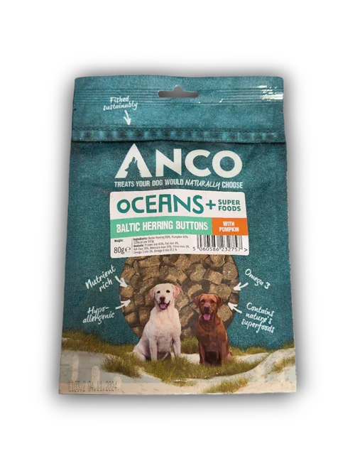 Anco Oceans+ Baltic Herring Buttons dog treats with pumpkin, featuring nutrient-rich, hypoallergenic, and omega-3 benefits