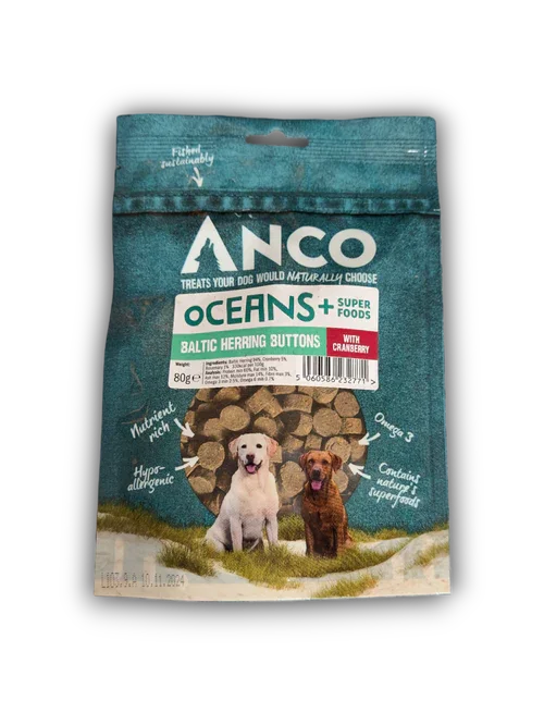 Anco Oceans+ Baltic Herring Buttons dog treats with cranberry, nutrient-rich and hypoallergenic packaging
