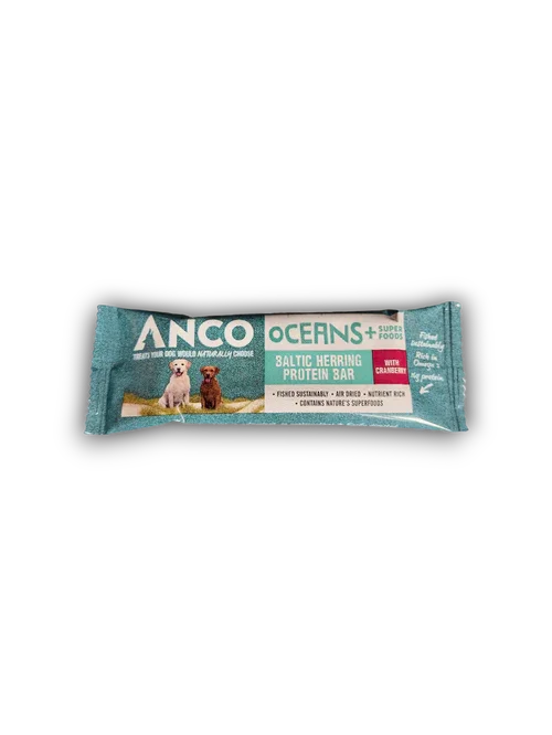 ANCO Oceans Baltic Herring Protein Bar for dogs with cranberry, featuring two dogs on packaging