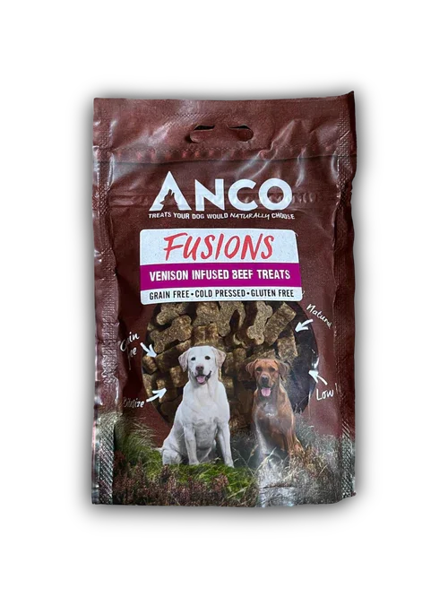 ANCO Fusion venison infused beef dog treats bag, grain free, cold pressed, gluten free, with images of two dogs