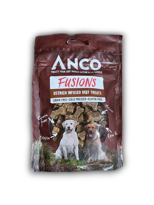 ANGO Fusions Ostrich Infused Beef Dog Treats, grain free, cold pressed, gluten free, with images of two dogs