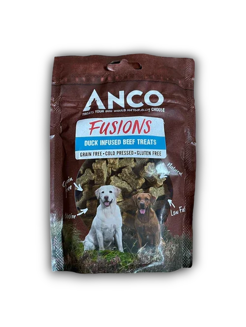 ANCO Fusions duck infused beef dog treats in resealable brown bag with two dogs on front
