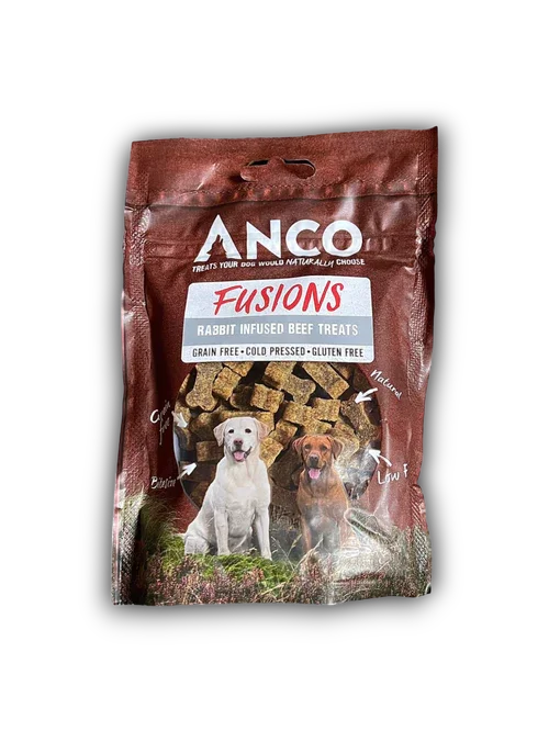 NCO Fusions rabbit infused beef dog treats, grain free, cold pressed, gluten free package with images of two dogs