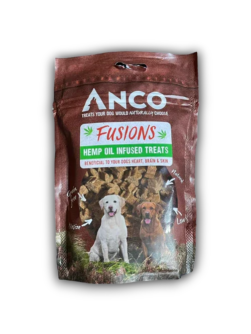 Anco Fusions hemp oil infused dog treats bag featuring two dogs, natural grain-free benefits for heart, brain, and skin