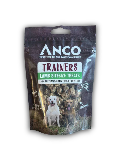 ANCO Trainers Lamb Bitesize Treats dog snack package with images of a white and brown dog