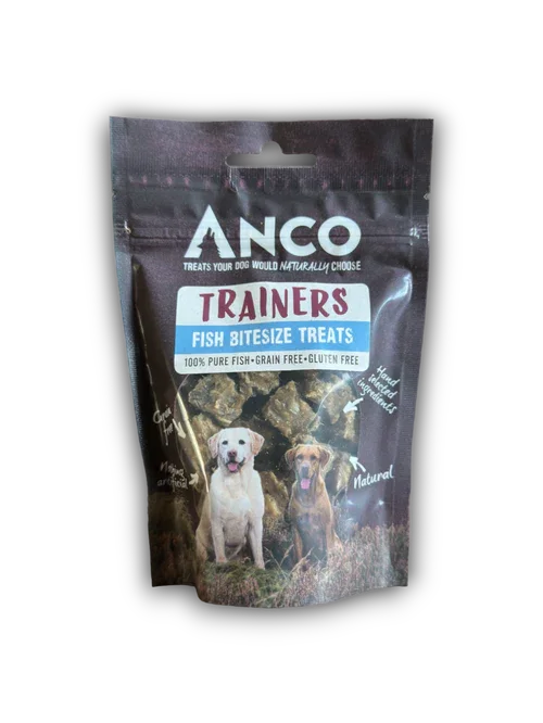 ANCO Trainers fish bite-size dog treats, grain and gluten free, with images of two dogs on packaging