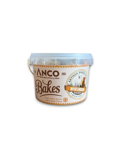 Anco Bakes artisan baked grain-free dog biscuits with chicken in a white container
