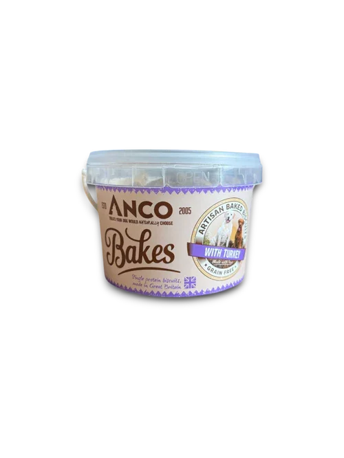 Anco Bakes grain-free artisan baked dog treats with turkey in a recyclable plastic tub