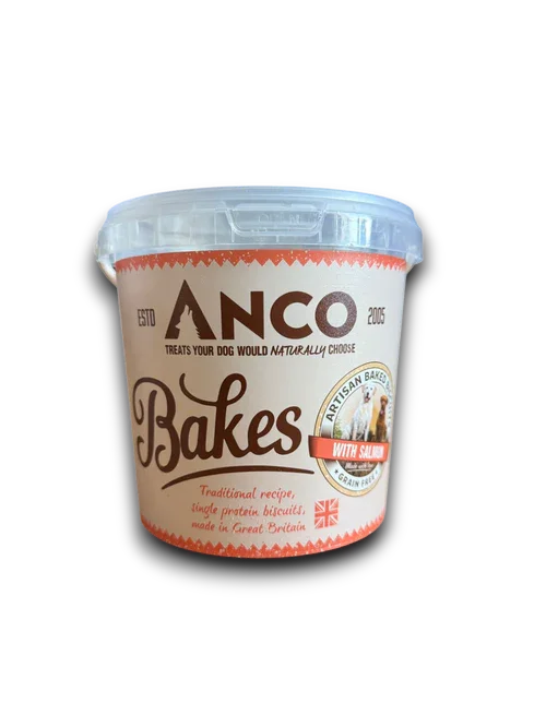 Anco Bakes dog biscuits with salmon, grain-free, traditional recipe in a plastic container