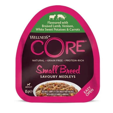 Wellness CORE Small Breed adult dog food pouch with braised lamb, venison, sweet potatoes, and carrots