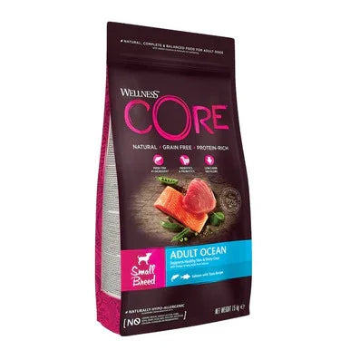 Wellness CORE Adult Ocean small breed dog food bag with salmon and green beans on packaging