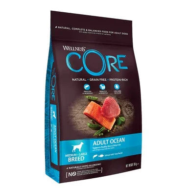 Wellness CORE Adult Ocean grain-free dog food bag with salmon and vegetables for medium-large breeds