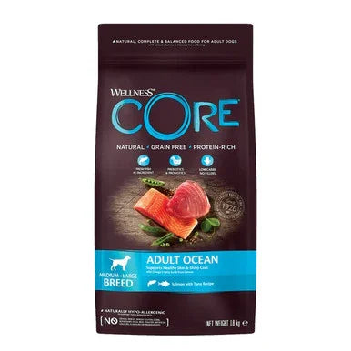 Wellness CORE Adult Ocean dog food bag with natural grain-free protein-rich salmon and tuna recipe for medium-large breeds