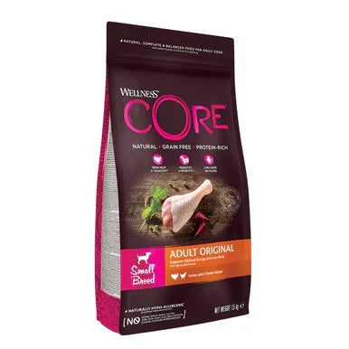 Wellness CORE Small Breed Adult Original grain-free dog food bag with chicken drumstick image
