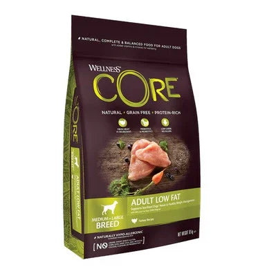 Wellness CORE Adult Low Fat dog food bag for medium-large breed with natural, grain-free formula