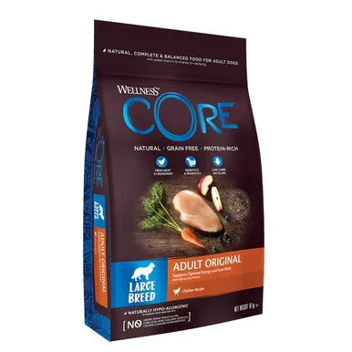 Wellness CORE Adult Original Large Breed grain-free dog food bag with chicken and vegetables