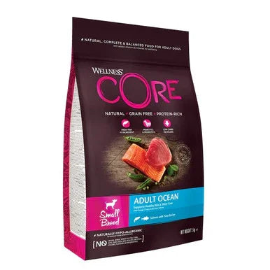 Wellness CORE Adult Ocean grain-free dog food bag with salmon and vegetables for small breeds