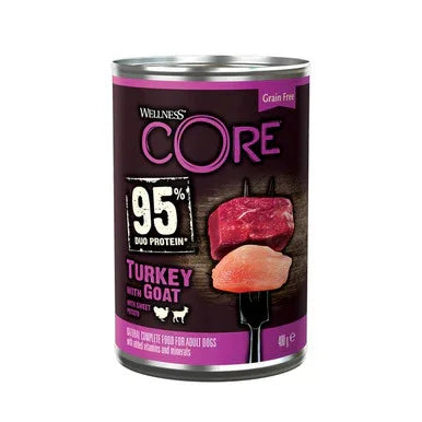 Wellness CORE Grain Free Turkey with Goat canned dog food, 95% duo protein for adult dogs