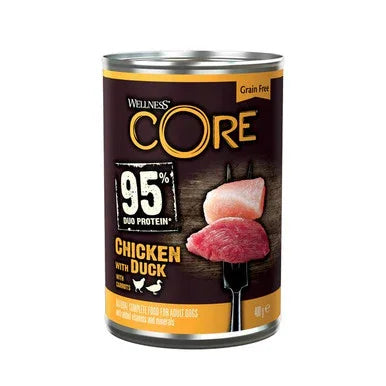 Wellness CORE grain-free dog food can with 95% duo protein chicken and duck