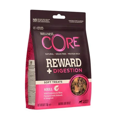 Wellness CORE Reward Digestion soft dog treats with krill, natural grain-free protein-rich formula in pink and brown packaging