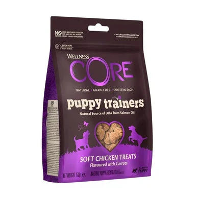 Wellness CORE grain-free puppy trainers soft chicken treats with carrots in purple bag