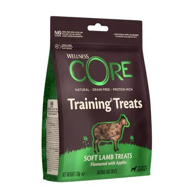 Wellness CORE Training Treats soft lamb dog treats with apples in green and brown resealable bag