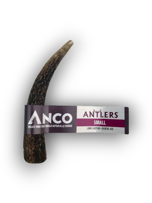 Small ANCO natural antler dog chew, long lasting dental aid treat on black background
