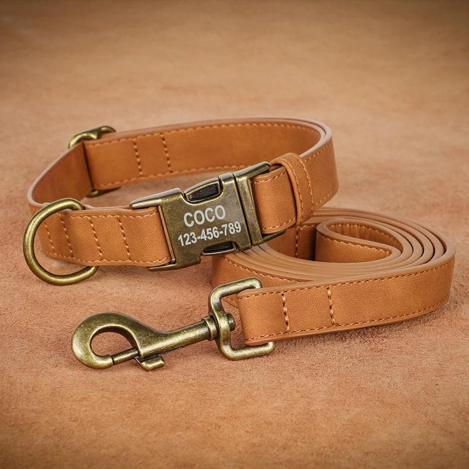 Personalised Dog Collar and Leash Set - Leather