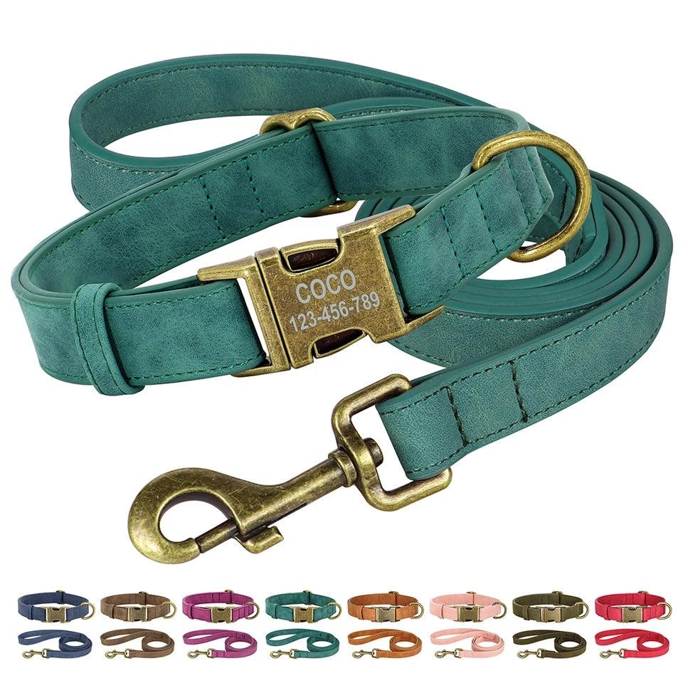 Personalised Dog Collar and Leash Set - Leather