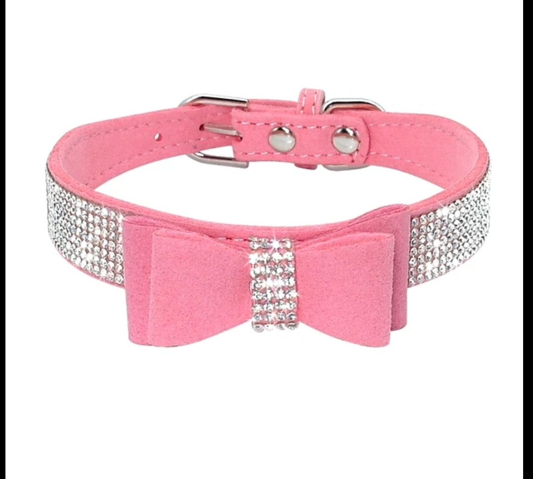 Bling Rhinestone Suede Leather Bowknot Dog Collar