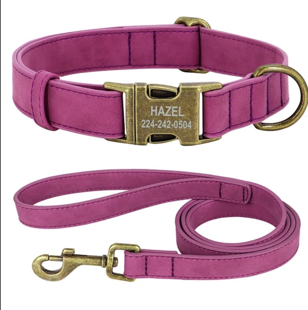 Personalised Dog Collar and Leash Set - Leather