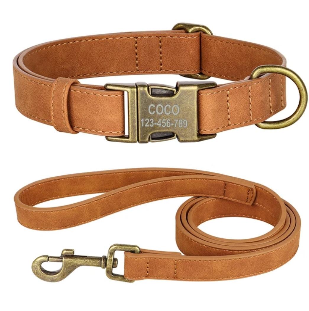 Personalised Dog Collar and Leash Set - Leather