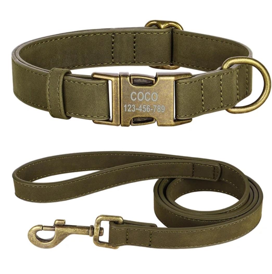 Personalised Dog Collar and Leash Set - Leather