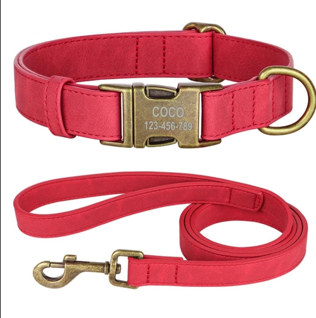 Personalised Dog Collar and Leash Set - Leather