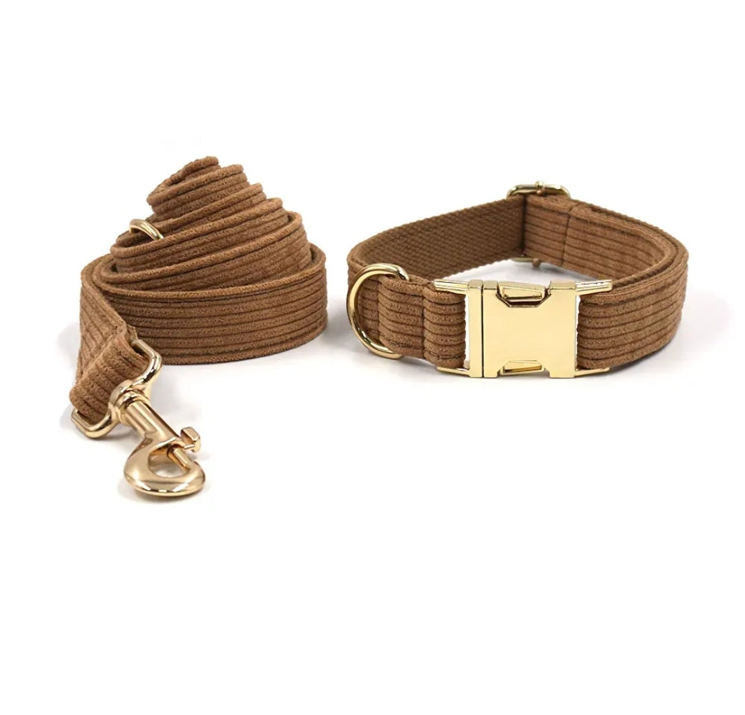 Luxury Brown Corduroy Dog Harness and Leash Set -  Designer Collar with Poop Bag Holder for Small and Large Dogs