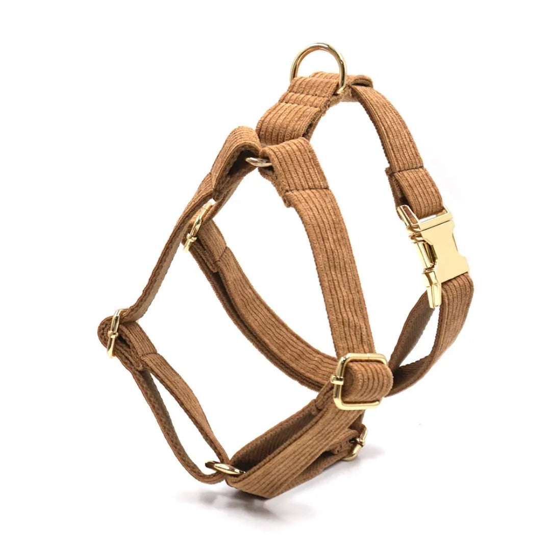 Luxury Brown Corduroy Dog Harness and Leash Set -  Designer Collar with Poop Bag Holder for Small and Large Dogs