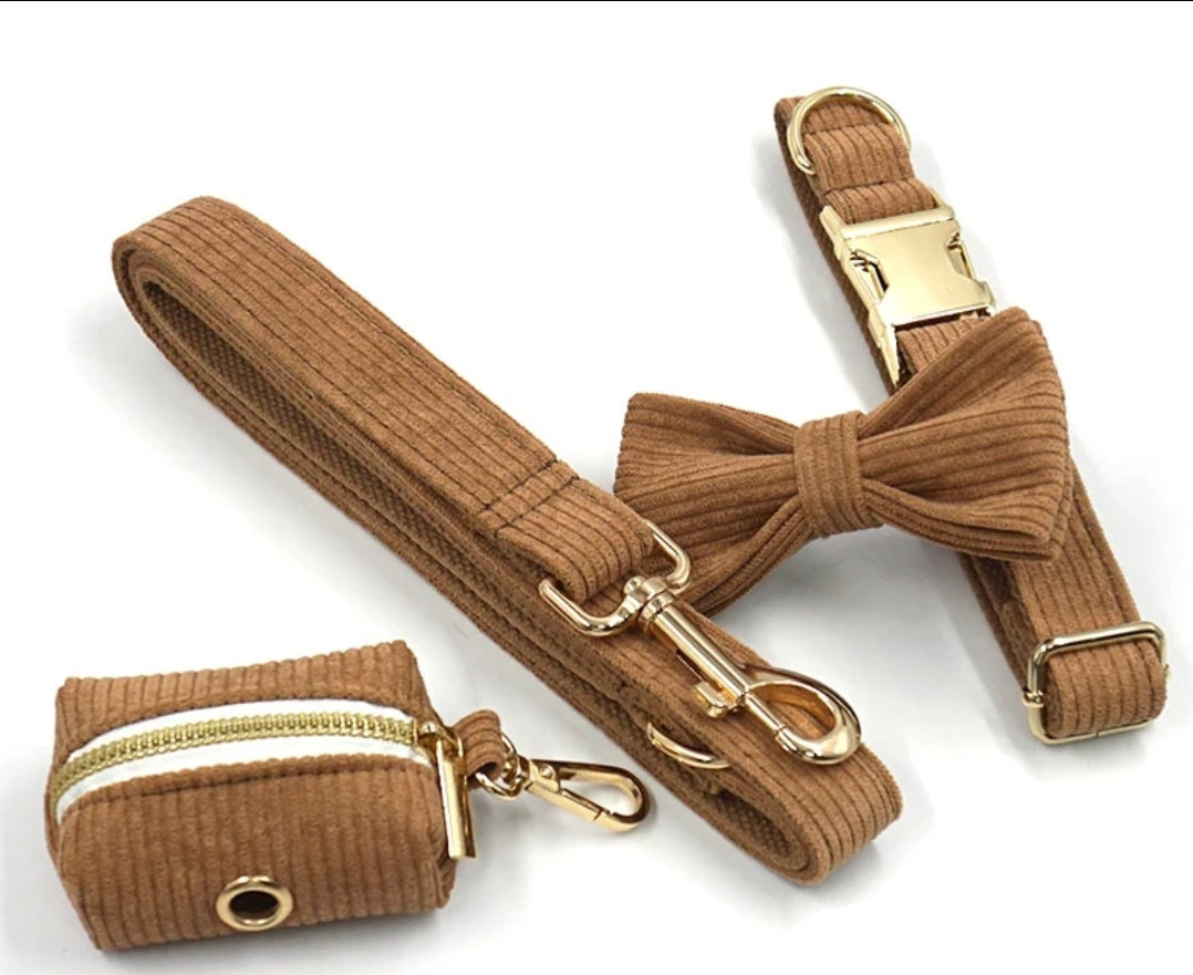 Luxury Brown Corduroy Dog Harness and Leash Set -  Designer Collar with Poop Bag Holder for Small and Large Dogs