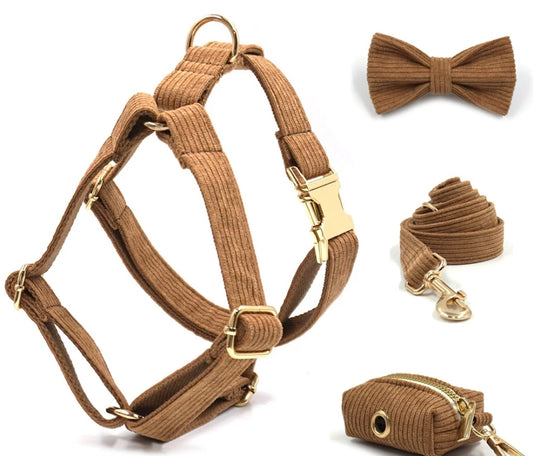 Luxury Brown Corduroy Dog Harness and Leash Set -  Designer Collar with Poop Bag Holder for Small and Large Dogs