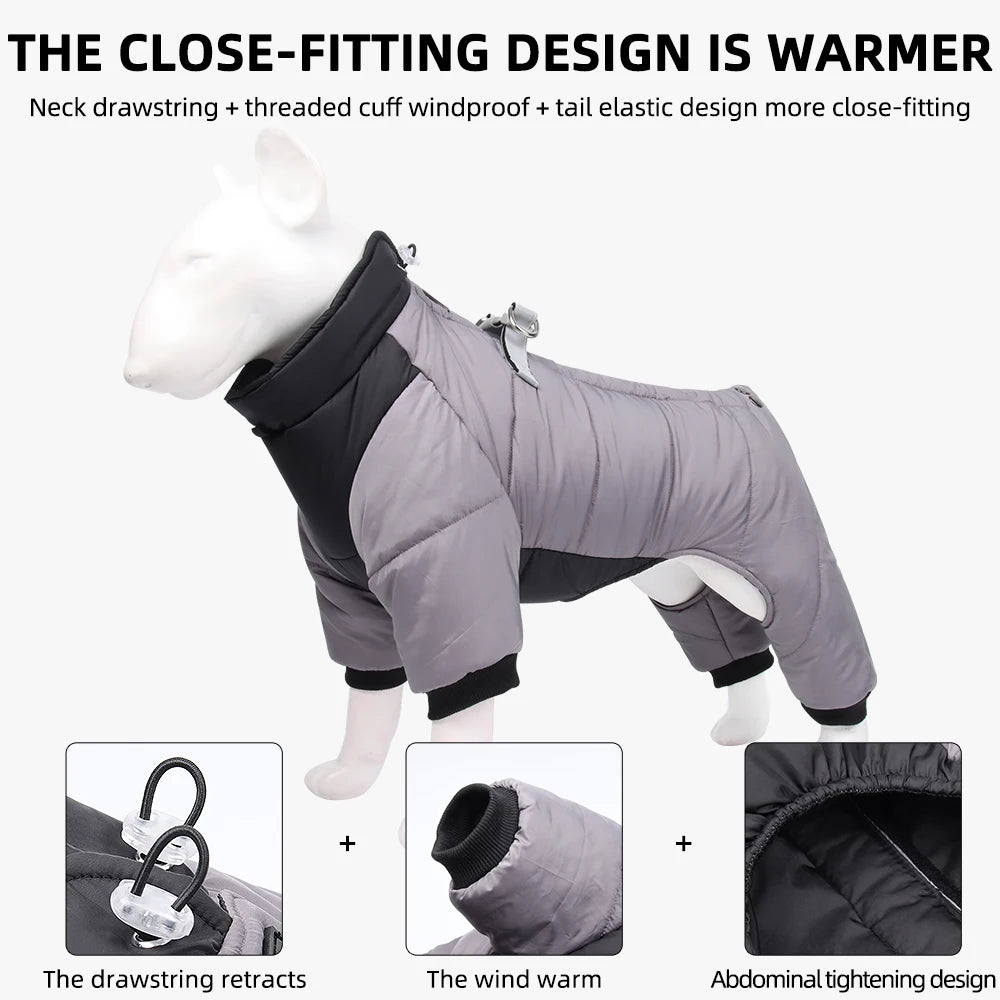 Winter Warm Dog Jacket Reflective Four Legged Clothes Outdoor Waterproof Windproof Traction Harness Coat