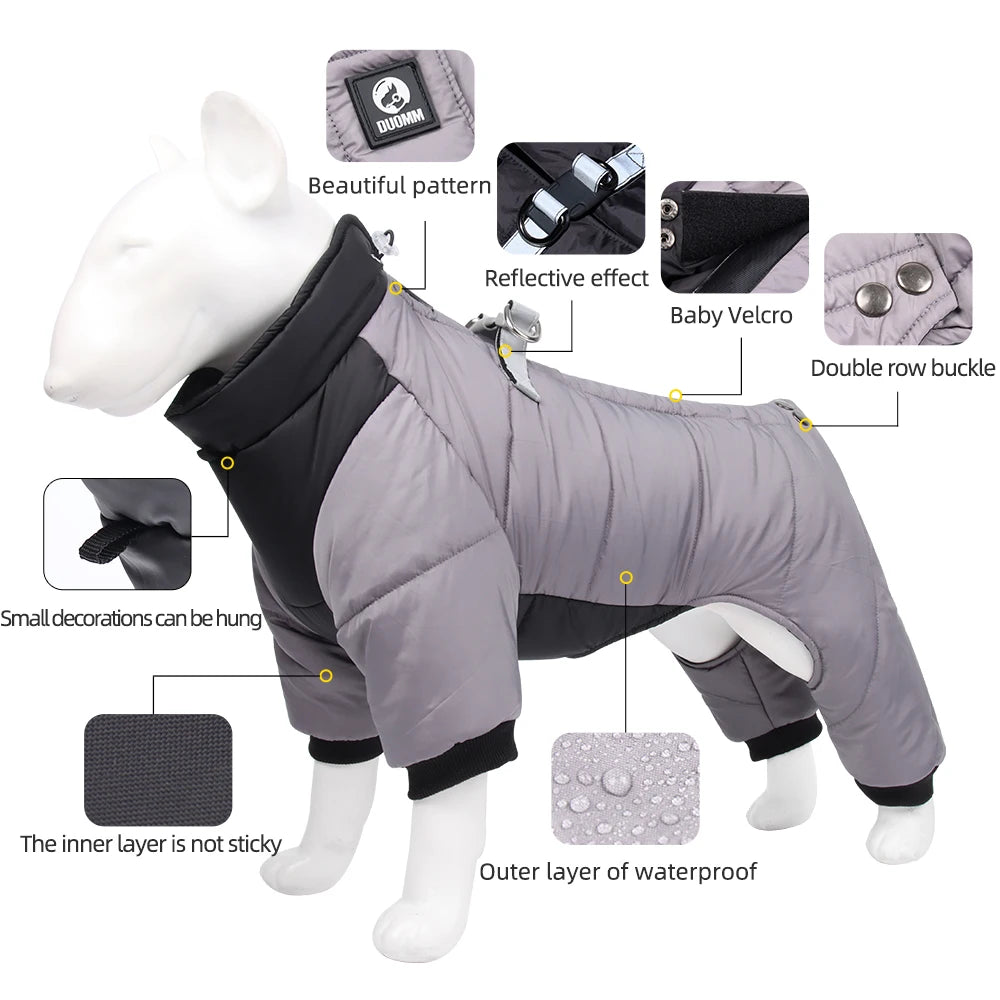 Winter Warm Dog Jacket Reflective Four Legged Clothes Outdoor Waterproof Windproof Traction Harness Coat