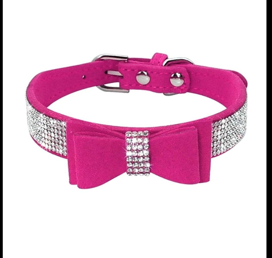 Bling Rhinestone Suede Leather Bowknot Dog Collar - CLEARANCE - North East Pet Shop Dog Shack UK